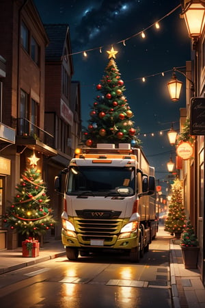 A truck filled with Christmas gifts, lovely lighting on a street and suburb, Christmas trees,