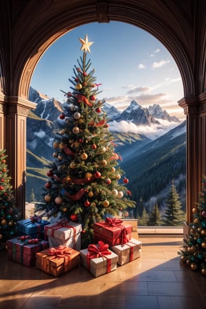 A enchanted beautiful christmas tree far on the mountains, landscape. a lot of flowers, a lot of gifts, crowed area