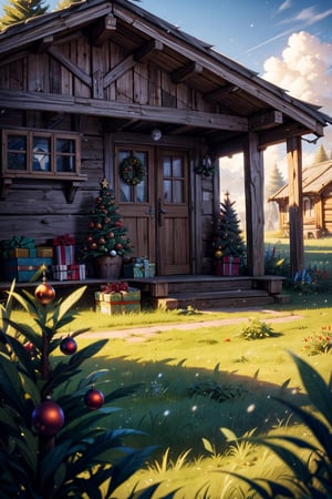 Christmas decoration, (((Christmas tree))), A beautiful small hut, hut's roof covered in a lot of flowers, beautiful clouds, forest, little farm infront of house, vegetable basket near the farm, smoke coming out of chimney, medieval era, fantasy world, Raw photo, depth of field, UHD, retina, masterpiece, super detail, high details, high quality, award winning, best quality, highres, 1080P, HD, 4K, 8k, 16k, cinematic light, (world of the warcraft), (masterpiece, best quality, ultra-detailed, 8K), 