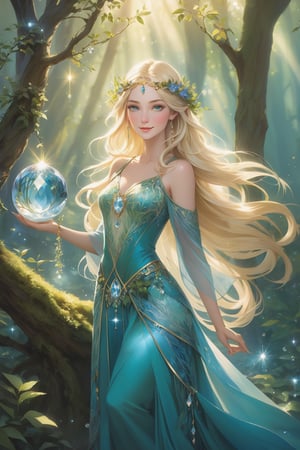 "In a realm of enchantment, a radiant elven woman stands amidst the ethereal beauty of a magical forest. Her porcelain skin seems to catch the very light that filters through the ancient trees, highlighting delicate features and a sense of timeless elegance. Clad in intricately woven garments that mirror the flora around her, she holds a staff crowned with a brilliant crystal, exuding an aura of mystic power. Her blonde hair cascades like liquid gold, framing a face adorned with a subtle touch of makeup that enhances her natural allure. Her eyes, a captivating shade of glowing blue, hold a depth of wisdom and curiosity, while her lips are poised in a gentle, enchanting smile that seems to invite the wonders of the forest to share in her presence." Full body, Harem outfit, using water magic, water ball magic, sparkle water ball
