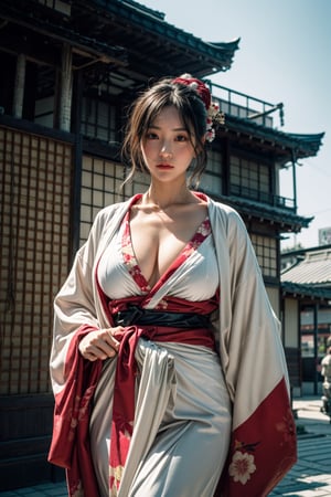 A award winning photography of a beautiful woman, she is 175cm tall, larger breast, slim_waist, curve hips, she is wearing a elegant white kimono with insane detailed patterns, she posing on the side,  looking at far distance above,./BREAK./ in the background the are mist surrounding the futuristic Japanese city, the time is midnight, futuristic building that contrasting with her kimono,High detailed 