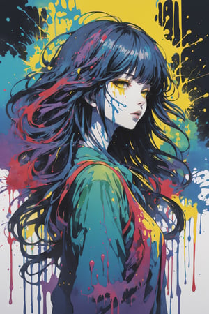 (profile picture),official art, unity 8k wallpaper, ultra detailed, beautiful and aesthetic, beautiful, masterpiece, best quality, cover art, chaos, , 1girl, japanese girl, longhair, black hair, bangs, hair on forehead, high quality, the most beautiful_divine form of chaos,chaotic energy, elegant, a brutalist designed,(red ink, blue ink, yellow ink, purpleink, green ink), ((front view)), face dripping, clothes dripping, ink dripping, (addnet weight 1:1.0), (double exposure), ink scenery,line painting,Paint_Style,col,watercolor,potcoll,(colorful),(paint splash background:1.5),(silhouette:1.2),(multi-colors:1.4),perfecteyes,dripping paint
