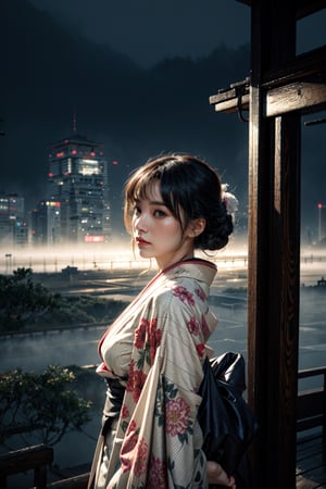 A award winning photography of a beautiful woman, she is wearing a elegant white kimono with insane detailed waves patterns, she posing on the side,  looking at far distance above, in the background the are mist surrounding the futuristic Japanese city, the time is midnight, futuristic building that contrasting with her kimono,High detailed,(dynamic pose), ,High detailed ,asian girl,FFIXBG,midjourney,LOFI
