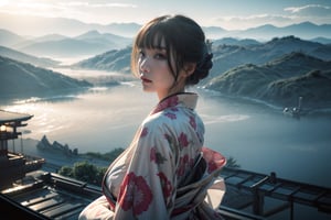 A award winning photography of a beautiful woman, she is wearing a elegant white kimono with insane detailed patterns, she posing on the side,  looking at far distance above, in the background the are mist surrounding the futuristic Japanese city, the time is midnight, futuristic building that contrasting with her kimono,High detailed,(dynamic pose), 
