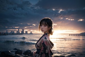 A award winning photography of a beautiful Japanese woman, she is wearing a kimono with insane detailed waves patterns, she posing on the side,  looking at far distance above, in the background the are mist surrounding the futuristic Japanese city, the time is midnight, futuristic building that contrasting with her kimono,High detailed,(dynamic pose), ,High detailed ,asian girl,FFIXBG,midjourney,LOFI,1 girl