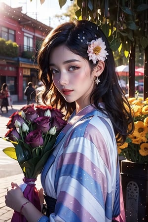Vibrant portrayal of a young lady gracefully holding a bouquet of fresh flowers, natural lighting, candid moment captured, pastel hues, genuine expression, outdoor photography, Nikon D850, soft and dreamy atmosphere, close up, kimono, curly_hair, front-view, black-hair, colourful, long_hair, sexy,starry