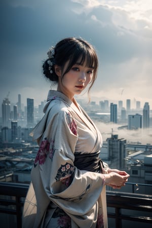 A award winning photography of a beautiful woman, she is wearing a elegant white kimono with insane detailed patterns, she posing on the side,  looking at far distance above, in the background the are mist surrounding the futuristic Japanese city, the time is midnight, futuristic building that contrasting with her kimono,High detailed,(dynamic pose), 