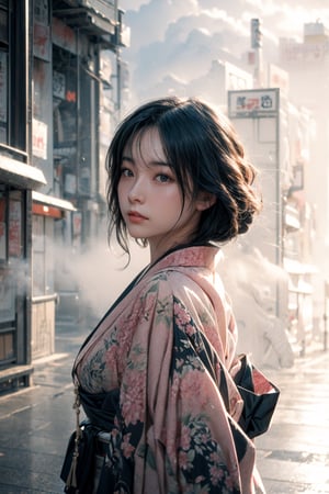 A award winning photography of a beautiful Japanese woman, she is wearing a kimono with insane detailed waves patterns, she posing on the side,  looking at far distance above, in the background the are mist surrounding the futuristic Japanese city, the time is midnight, futuristic building that contrasting with her kimono,High detailed,(dynamic pose), ,High detailed ,asian girl,FFIXBG,midjourney,LOFI,1 girl
