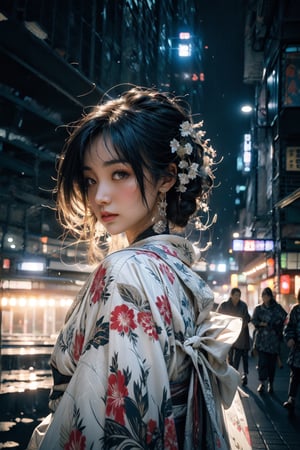A award winning photography of a beautiful woman, she is wearing a elegant white kimono with insane detailed patterns, she posing on the side,  looking at far distance above, in the background the are mist surrounding the futuristic Japanese city, the time is midnight, futuristic building that contrasting with her kimono,High detailed,(dynamic pose), ,High detailed ,asian girl,FFIXBG,midjourney