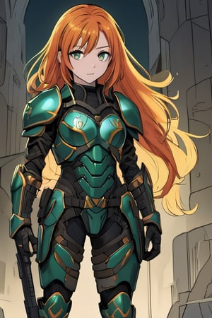 female orange hair, green eyes, black with blue full body armor, full body
