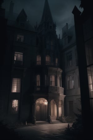 A sinister haunted house portrayed in the style of Hotel Transylvania cartoons, with a spooky, extravagant, mischievous, and luxurious appearance. The house's monstrous inhabitants are "hosting" a chillingly delightful masquerade.