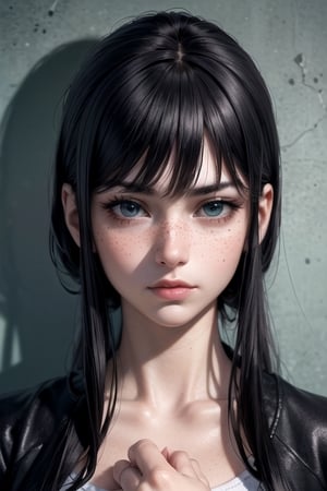 (4k), (masterpiece), (best quality), (extremely complex), (realistic), (sharp focus), (cinematic lighting), (extremely detailed), (epic), A close-up portrait of a chubby woman, serious look, deep look, incredibly detailed hand, long black hair, bangs, mint green eyes, freckles on face, white shirt with jacket on top, black jeans, curvy body, full body, detailed face, perfect eyes, detailed hands, mix of fantasy and realism. elements, vibrant manga, uhd image, vibrant illustrations, the background is a galaxy
