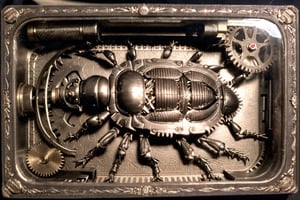 daguerreotype photograph of (hybrid:1.10) (detailed intricate mechanical clockwork parts:1.2) (insect beetle:0.95), (merge:1.1) | crawling |ornate border | photographic, realism pushed to extreme, fine texture, incredibly lifelike, cinematic, large format camera, photo realism, ultra-detailed, high quality,dagtime