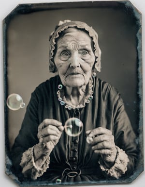 photograph of an old woman blowing bubbles, 120mm f/1.0 lens, tintype