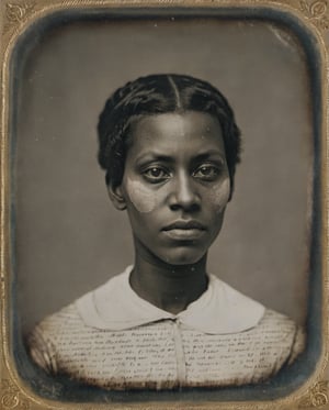 Daguerreotype photograph by Diane Arbus, f/5.6, 250mm, portrait photograph of a black woman, her face and skin covered in tiny white writing, dagtime 