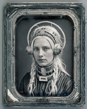 Daguerreotype Photograph of A woman with white hair wearing a futuristic headdress made of tangled wires, circuits, fuses, cables, cyberpunk inspired, anodized steel material, hard edges, fuji gw 690, fuji non 90mm, f/3.5, ilford fp4, medium format camera, ornate frame, Dorothea Lange, dagtime