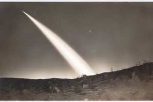 Photograph of a comet streaking over a post apocalyptic landscape, through the night sky