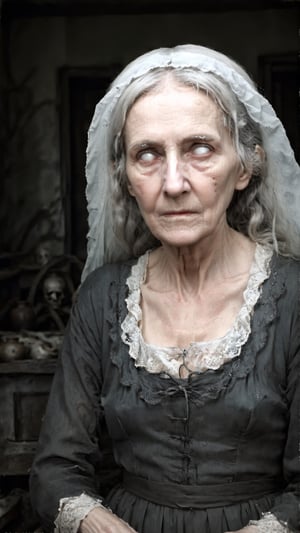 daguerreotype photograph, shallow depth of field, sharp focus on face, dramatic dark shadows, horror theme, head and shoulders portrait of a frail old woman, long tangled white hair, intricate lace dress, background is a room inside an abandoned house, whiteeyes
