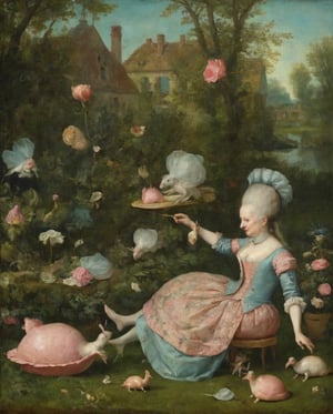 Marie Antoinette's love for sinking snails and vintage lingerie in a garden by Hieronymus Bosch
