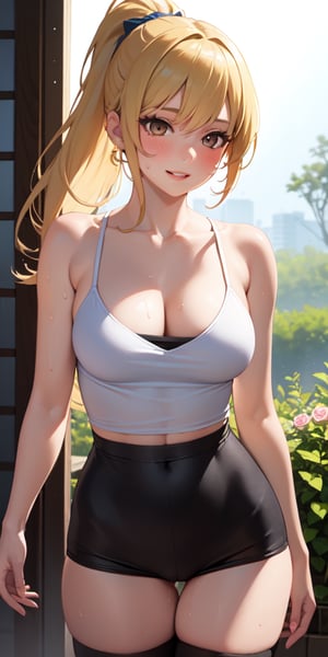 realistic, 1girl, ponytail, parted lips, blush, makeup, light smile, blonde hair, no shirt, black stockings, glow, thighs, brown eye, bare shoulders, collarbone, narrow waist, sunbeam, sunlight, rose, wind, cleavage, (masterpiece), sweat,