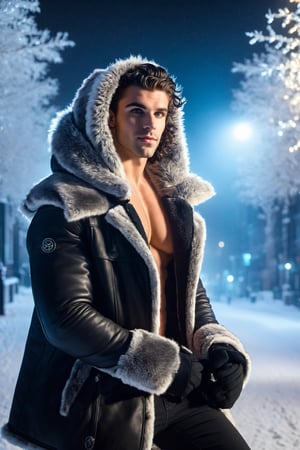 A 27-year-old man with a toned,  athletic physique sits in central London surrounded by snow. The snow creates a magical atmosphere,  adding to the Christmas tale. He appears Jewish with a Caucasian nose. The man has shoulder-length black hair,  green eyes,  and a neat hairstyle with bangs on his face. The leather jacket is a brand-name item with a loose silhouette and long fur lining. It features a large hood with fur trim. The jeans are and ripped. The eyes are very detailed and green. The photography style is fantasy-inspired. 
Perfect eyes, ral-chrcrts, DonMSn0wM4g1cXL,,,
,,Link Girl
,DonMSn0wM4g1cXL