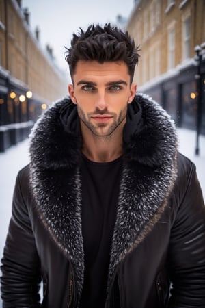 A 27-year-old man with a toned,  athletic physique sits in central London surrounded by snow. The snow creates a magical atmosphere,  adding to the Christmas tale. He appears Jewish with a Caucasian nose. The man has shoulder-length black hair,  green eyes,  and a neat hairstyle with bangs on his face. The leather jacket is a brand-name item with a loose silhouette and long fox fur lining. It features a large hood with fur trim. The jeans are and ripped. The eyes are very detailed and green. The photography style is fantasy-inspired. 
Perfect eyes, ral-chrcrts, DonMSn0wM4g1cXL,,,
,LinkGirl