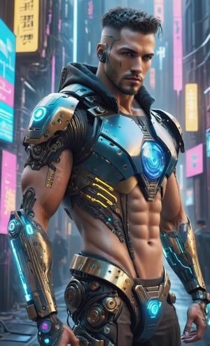 In a cyberpunk world,  a super muscular handsome man turned into a high-tech composite male android,  semi-nude. perfect composition,  hyper realistic,  super detailed,  8k,  high quality,  trendy art,  trendy on artstation,  sharp focus,  male focus,  studio photo,  intricate details,  highly detailed, cyborg style, DonMPl4sm4T3chXL, , , , , 
,cyberpunk style,DonMPl4sm4T3chXL 
