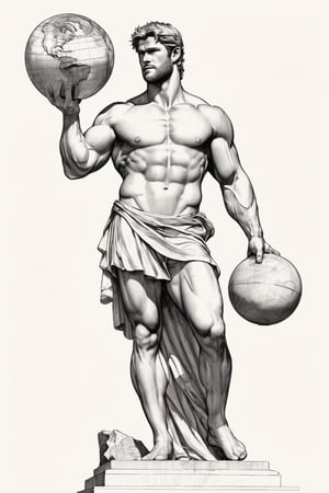 Chris Hemsworth as a statue, a stone Atlas Farnese, holding a huge globe on his shoulders, minimum of clothing, flexing muscles, magnetic, inviting look, winking at passers-by, pencil sketch