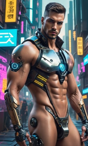 In a cyberpunk world,  a super muscular handsome man turned into a high-tech composite male android,  semi-nude. perfect composition,  hyper realistic,  super detailed,  8k,  high quality,  trendy art,  trendy on artstation,  sharp focus,  male focus,  studio photo,  intricate details,  highly detailed, cyborg style, DonMPl4sm4T3chXL, , , , , 
,cyberpunk style