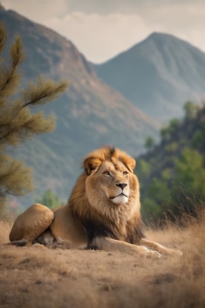 The lion is the king of beasts, lying calm, majestic on the plain against the background of a mountain in the forest