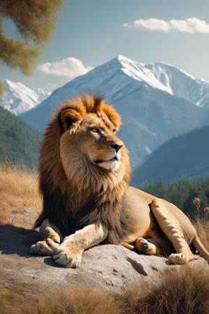 The lion is the king of beasts, lying calm, majestic on the plain against the background of a mountain in the forest