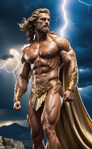 Realistic art showing a full body photograph. A true masterpiece. Image of a young super muscular man, in the image of the Greek God Zeus, dynamic pose, (body in motion), set against a vivid landscape on Mount Olympus with a blue sky sparkling with sunlight and a magical glow. Adorned with a huge translucent golden cloak that drapes over his shoulder, Zeus displays an extremely strong muscular body, the naked body of a bodybuilder. In his hand he holds a glittering lightning bolt-shaped spear made of gold. He has a detailed face with big beautiful eyes, muscular arms, legs, chest and abs He has long, detailed hair - a real masterpiece. The landscape is also depicted in great detail.