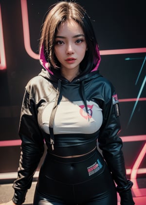 edgNoire,upper body shot,female, woman wearing casual hoodie with logos, sleek designer bodysuit, (cyber leggings:1.1) ,cyberpunk scene,b3rli, nfsw