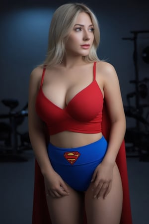 36DD boobs, supergirl, full body photograph with no light,watching at camera, berlliana lovell face, wide shoulder, abs expose, b3rli,b3rli,sll,mecha, wearing hijab red, 