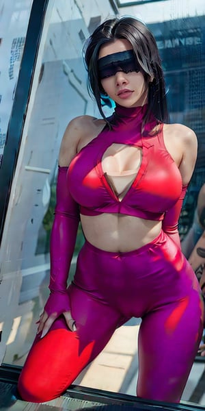 edgNoire,upper body shot,female, sleek designer bodysuit, (cyber leggings:1.1) ,cyberpunk scene,b3rli, nfsw, naked, no shirt,huge breasts,j3s1,huge nipples,sm4c3w3k,v4ni4,areola slip,ninja_suit,Lace Blindfold,ridingsexscene,against glass