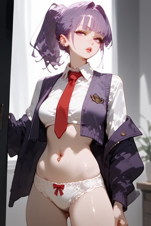 score_9, score_8_up, score_7_up, score_6_up,

 a cartoon girl with long, purple hair stands in front of a gray wall. She is wearing a white shirt, a purple vest, a red tie, and a pair of white underwear. Her left hand is holding a pink candy, while her right hand is pointing to the right. Her eyes are a piercing red, and her lips are a lighter shade of pink. Her hair is pulled back in a ponytail, adding a pop of color to her face. The wall behind her is gray, and the door to the left of her is black