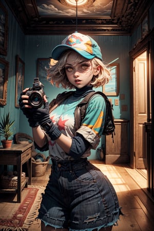 The character is in the center of the image, with bright eyes and wearing a cap.
They are extending their arm forward, holding a camera that is focused on the viewer. This creates an immersive and engaging visual experience as if you’re the subject being photographed.
The background depicts an indoor setting, likely a room filled with various objects and furniture.
There’s prominent use of yellow and blue tones throughout the image giving it a vibrant look.
Shadows and lighting effects create depth, highlighting the character and making them stand out against the background.1girl,crazy,red,light,