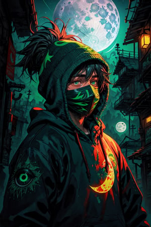 painting with visible brush strokes, a man puting a mask for gas, clothe: black hoddie, eyes for the mask green glows, in a mystical city into night, green moon, comic style.,crazy