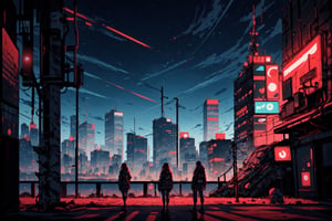 (best quality), (high resolution, UHQ, high quality), Generate a serene and magical scene. The composition should  cyberpunk future, highlighting. Integrate vibrant colors of cyberpunk, with a focus on shades of blue and red to create a captivating night-time atmosphere. Below, introduce an urban cityscape with tall buildings illuminated by various lights. the view in the top ,crazy,red,light
