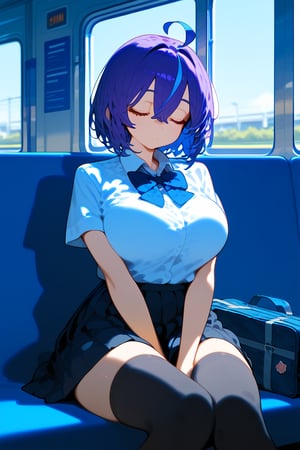 1girl, solo, breasts, short hair, bangs, skirt, large breasts, shirt, thighhighs, hair between eyes, sitting, school uniform, blue hair, closed eyes, white shirt, purple hair, ahoge, short sleeves, thighs, multicolored hair, pleated skirt, collared shirt, black thighhighs, miniskirt, black skirt, bag, zettai ryouiki, streaked hair, feet out of frame, sleeping, between legs, school bag, hand between legs, train interior, vivid color, masterpiece, best quality, amazing quality, very aesthetic, absurdres, depth of field, score_9, score_8, score_7, score_6,sexy girl