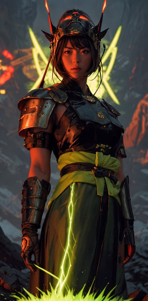 (character: samurai), generate a scene of a samurai warrior standing on a rock. The samurai is donned in traditional armor with a futuristic twist, including a helmet that features a glowing green circle
In the background, a futuristic temple towers over the scene. This tall, multi-tiered structure emanates a green glow, adding to the mystic aura of the image.
Above, the sky is dark, with lightning bolts piercing through the clouds, illuminating the scene with their electric glow, green neon colors
This prompt is designed to create a unique and captivating artwork that encompasses a wide range of artistic styles and themes. Photographic cinematic super super high detailed super realistic image, 4k HDR high quality image, masterpiece
