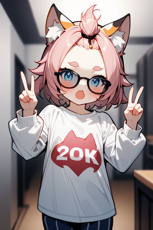 1girl, solo, blush, short hair, shirt, long sleeves, animal ears, white shirt, pink hair, indoors, cat ears, blurry, animal ear fluff, v, sunglasses, thick eyebrows, double v, female child, bangs pinned back, cat print, diona \(genshin impact\), text"20k"text, text"20k" in the t-shirt, vivid color, masterpiece, best quality, amazing quality, very aesthetic, absurdres, depth of field, score_9, score_8, score_7, score_6,sexy girl,text as "20k",Text"20k"text