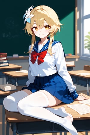 1girl, solo, looking at viewer, blush, smile, bangs, skirt, blonde hair, shirt, thighhighs, long sleeves, bow, hair between eyes, closed mouth, school uniform, full body, yellow eyes, white shirt, sidelocks, pleated skirt, serafuku, alternate costume, indoors, bowtie, sailor collar, blurry, red bow, white thighhighs, blue skirt, zettai ryouiki, book, no shoes, blue sailor collar, red bowtie, short hair with long locks, desk, paper, classroom, chalkboard, on desk, lumine \(genshin impact\), vivid color, masterpiece, best quality, amazing quality, very aesthetic, absurdres, depth of field, score_9, score_8, score_7, score_6,sexy girl