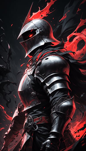 (best qualite), (UHQ, 8k, high resolution), Generate a ominous scene featuring a warrior or knight adorned in dark, intense armor. Set the atmosphere with a palette of red and black hues, emphasizing the powerful and foreboding aura that surrounds the character.