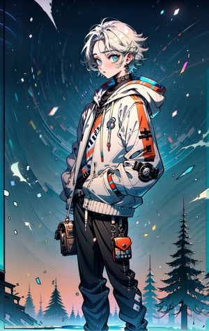 (best quality), (UHQ, 8k, high resolution), Generate a detailed and imaginative description of an anime-style character, a boy exuding a distinctive and fashionable vibe, dressed in a hoodie and black pants. Envision the character's appearance with attention to anime aesthetics, highlighting expressive features, a unique hairstyle, and any accessories that add flair to the overall design. Describe the hoodie and black pants with creative nuances, considering any patterns, symbols, or accessories that contribute to the character's individuality. Explore the character's posture, facial expression, and the surrounding elements to craft a cohesive anime-style scene. Capture the essence of a stylish and confident anime boy, showcasing the synergy between a trendy hoodie and black pants, exuding a sense of contemporary coolness and youthful charm,sle