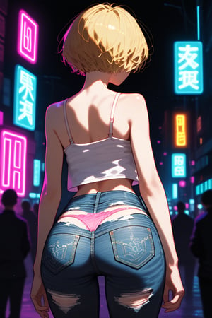 1girl, solo, short hair, blonde hair, bare shoulders, underwear, panties, ass, pants, from behind, torn clothes, back, denim, pink panties, thong, jeans, torn pants, torn jeans, (((neon theme))), dark theme, vivid color, masterpiece, best quality, amazing quality, very aesthetic, absurdres, depth of field, score_9, score_8, score_7, score_6,sexy girl