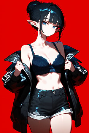 1girl, solo, breasts, looking at viewer, short hair, bangs, blue eyes, simple background, black hair, holding, bare shoulders, jewelry, closed mouth, collarbone, jacket, thighs, earrings, open clothes, shorts, pointy ears, blunt bangs, off shoulder, hair bun, bra, open jacket, black jacket, see-through, short shorts, black shorts, piercing, single hair bun, ear piercing, red background, vivid color, masterpiece, best quality, amazing quality, very aesthetic, absurdres, depth of field, score_9, score_8, score_7, score_6,sexy girl