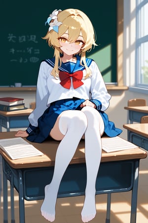 1girl, solo, looking at viewer, blush, smile, bangs, skirt, blonde hair, shirt, thighhighs, long sleeves, bow, hair between eyes, closed mouth, school uniform, full body, yellow eyes, white shirt, sidelocks, pleated skirt, serafuku, alternate costume, indoors, bowtie, sailor collar, blurry, red bow, white thighhighs, blue skirt, zettai ryouiki, book, no shoes, blue sailor collar, red bowtie, short hair with long locks, desk, paper, classroom, chalkboard, on desk, lumine \(genshin impact\), vivid color, masterpiece, best quality, amazing quality, very aesthetic, absurdres, depth of field, score_9, score_8, score_7, score_6,sexy girl