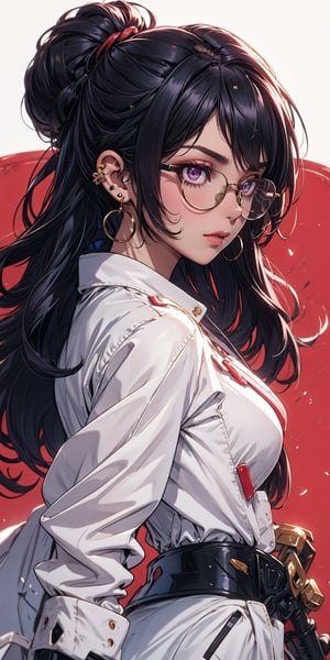 1girl, solo, breasts, looking at viewer, simple background, black hair, gloves, long sleeves, jewelry, closed mouth, purple eyes, jacket, weapon, earrings, glasses, sword, hair bun, from side, lips, coat, piercing, single hair bun, sunglasses, white jacket, katana, sheath, ear piercing, red background, sheathed, round eyewear, tinted eyewear, yellow-framed eyewear