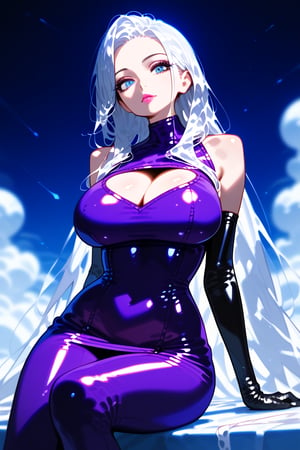 1girl, solo, long hair, breasts, looking at viewer, blue eyes, large breasts, gloves, dress, cleavage, bare shoulders, sitting, very long hair, closed mouth, white hair, elbow gloves, shiny, lips, shiny skin, clothing cutout, bodysuit, makeup, cleavage cutout, lipstick, skin tight, purple dress, shiny clothes, purple gloves, latex, purple bodysuit, vivid color, masterpiece, best quality, amazing quality, very aesthetic, absurdres, depth of field, score_9, score_8, score_7, score_6,sexy girl